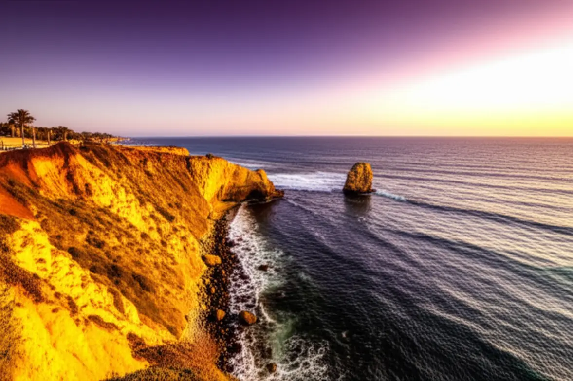 Pôr do sol vibrante sobre as falésias do Sunset Cliffs Natural Park em San Diego.