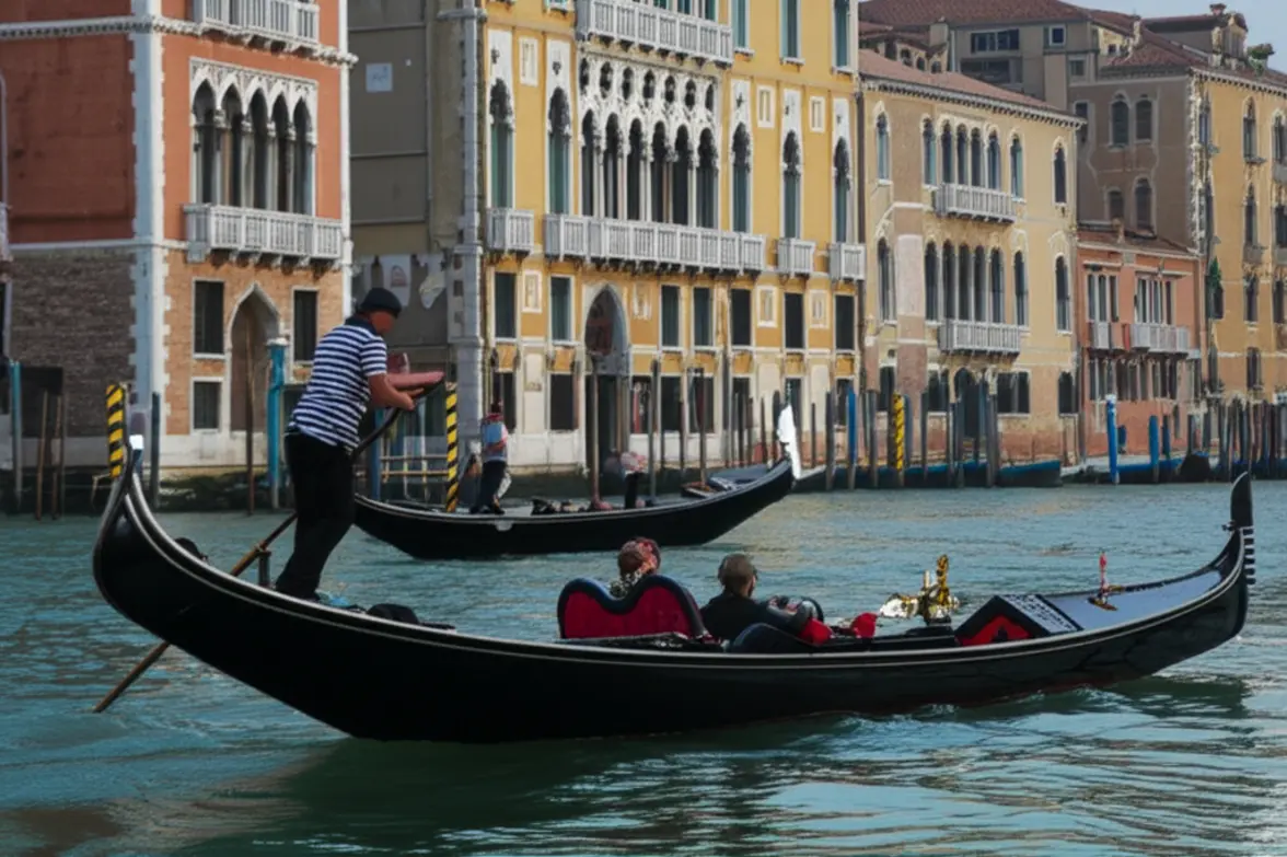 Um Traghetto atravessando o Grande Canal com passageiros em pé.