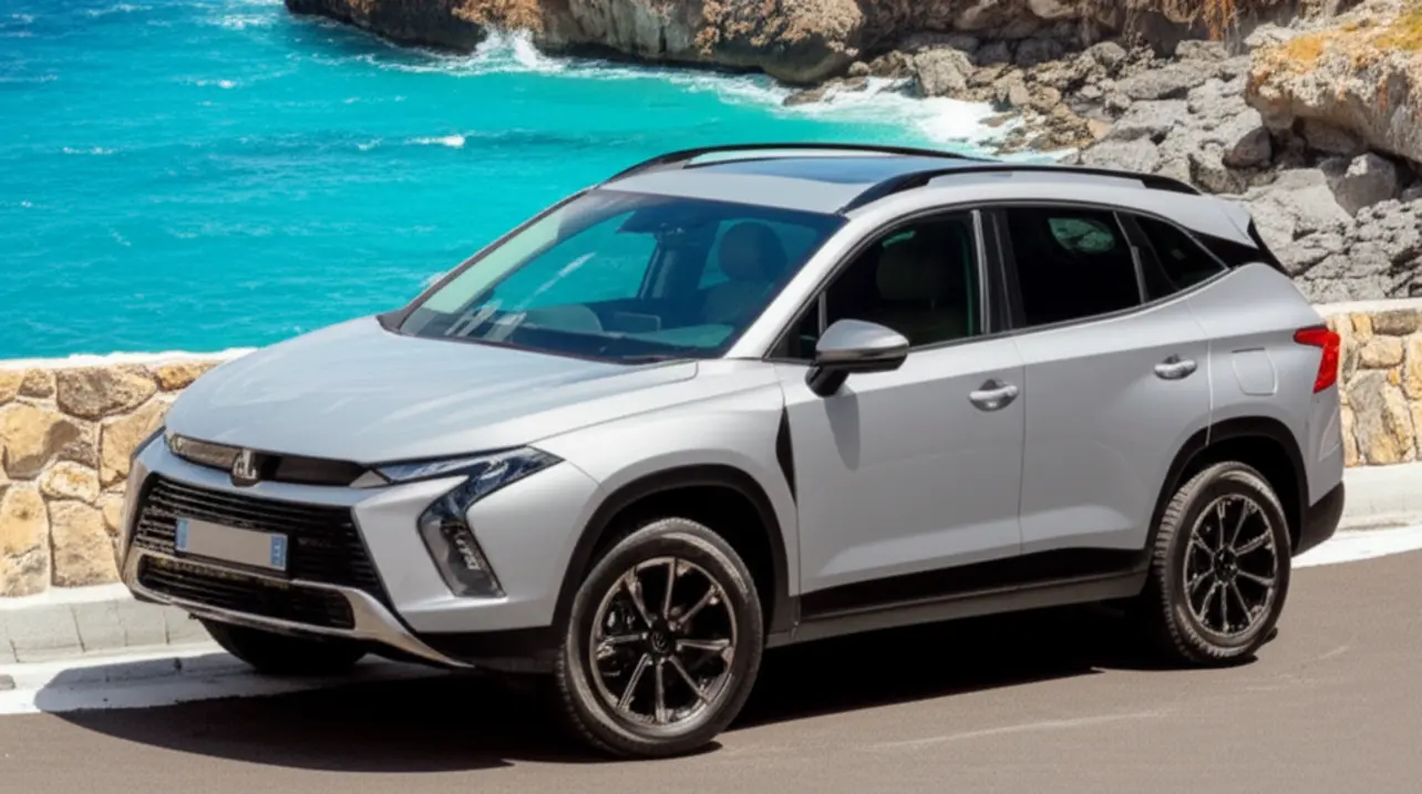 Um carro SUV moderno estacionado em uma estrada costeira com vista para o mar de Curaçao.