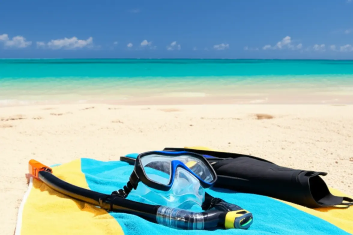 Equipamento de snorkel sobre uma toalha na areia branca de Smith's Reef.
