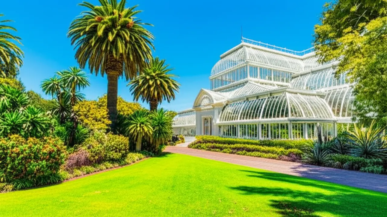 O histórico Palm House no Jardim Botânico de Adelaide cercado por verde.