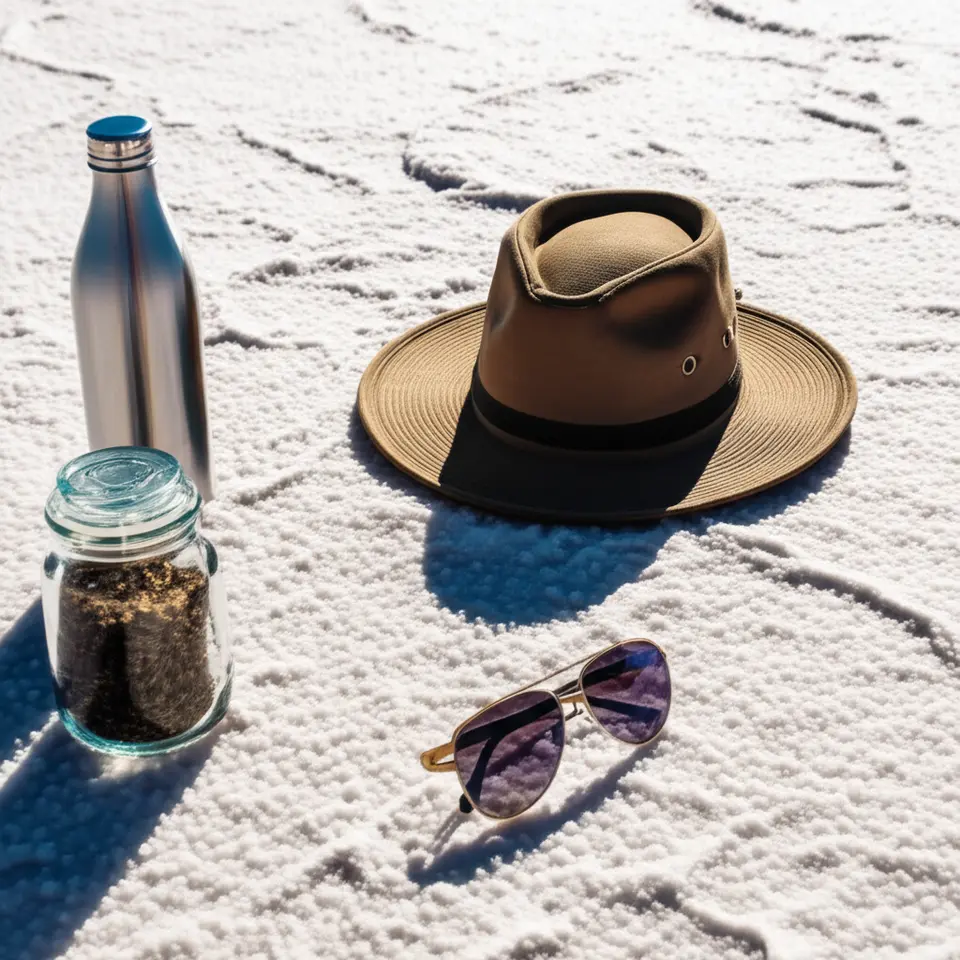 Equipamentos de proteção solar e hidratação sobre o solo árido do deserto.