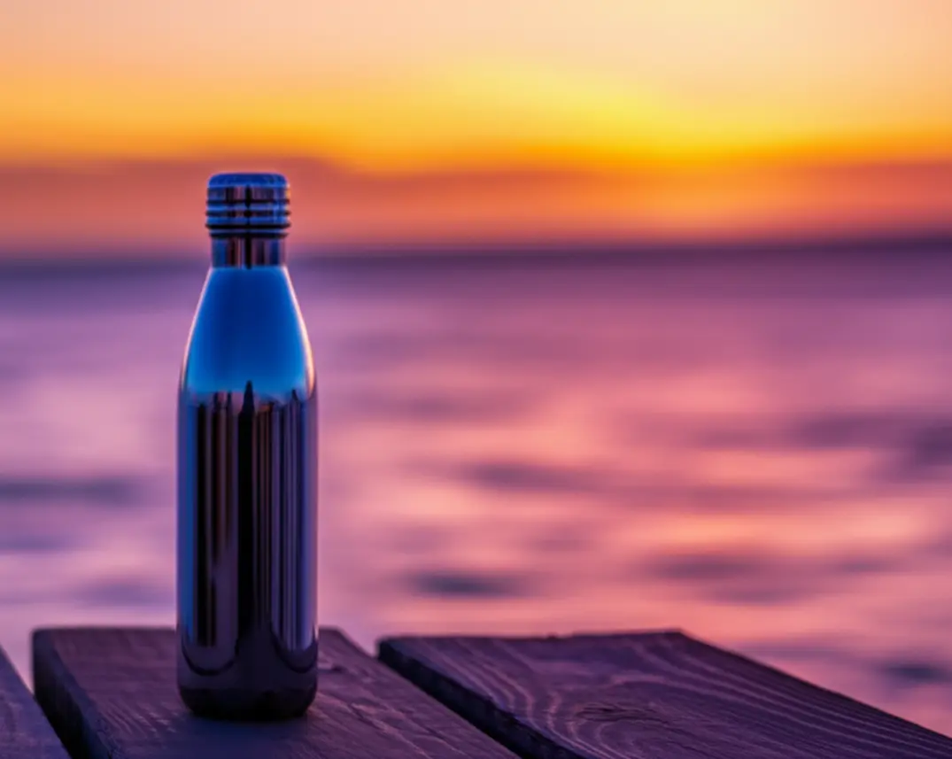 Uma garrafa de água reutilizável em um deck de madeira durante o pôr do sol em Bonaire.