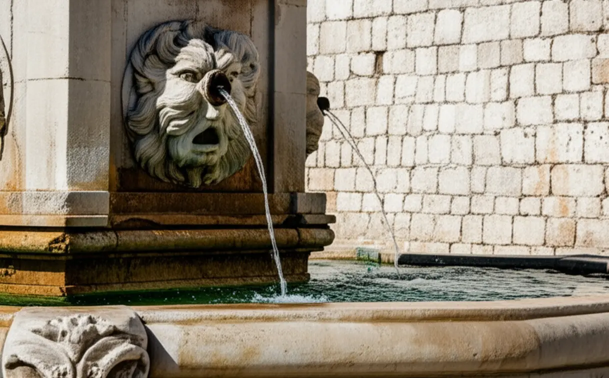 Fonte de Onofrio em Dubrovnik fornecendo água potável gratuita para turistas na Cidade Velha.