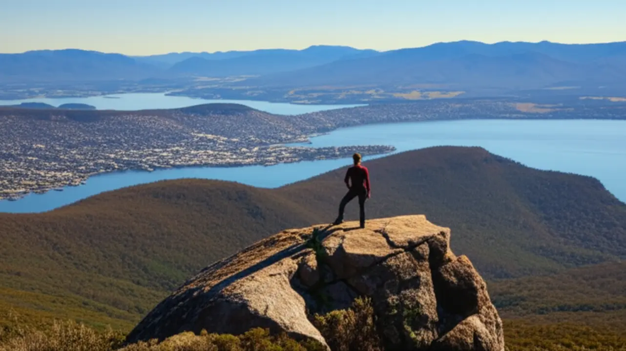 Turista admirando a vista panorâmica do topo do Monte Wellington em um dia ensolarado.