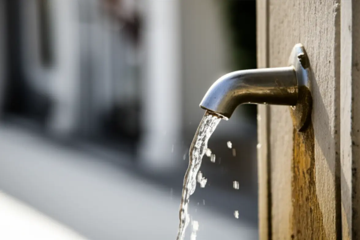 Fonte de pedra tradicional em Interlaken com água cristalina fluindo.