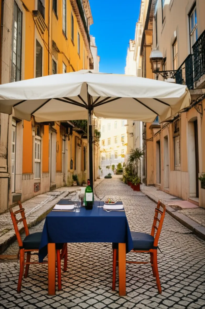 Mesa de um restaurante tradicional em uma viela tranquila de Lisboa.