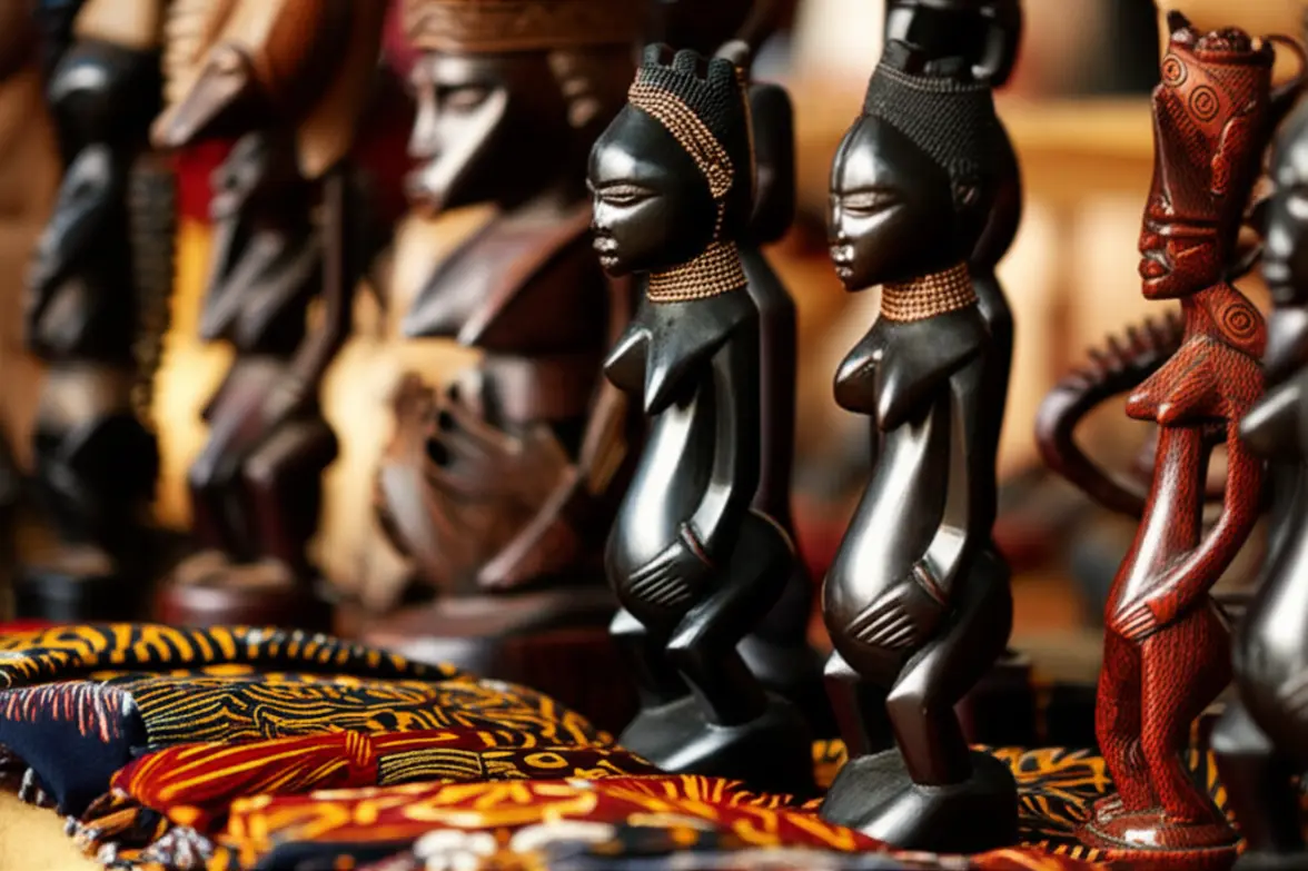 Artesanato em madeira e tecidos coloridos no Mercado do Benfica em Luanda.