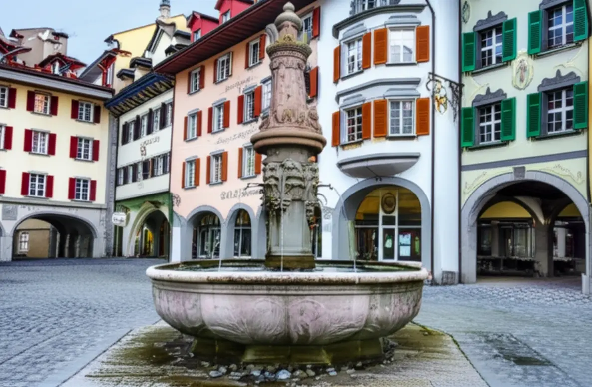 Uma fonte de água pública ornamentada no centro histórico de Lucerna.