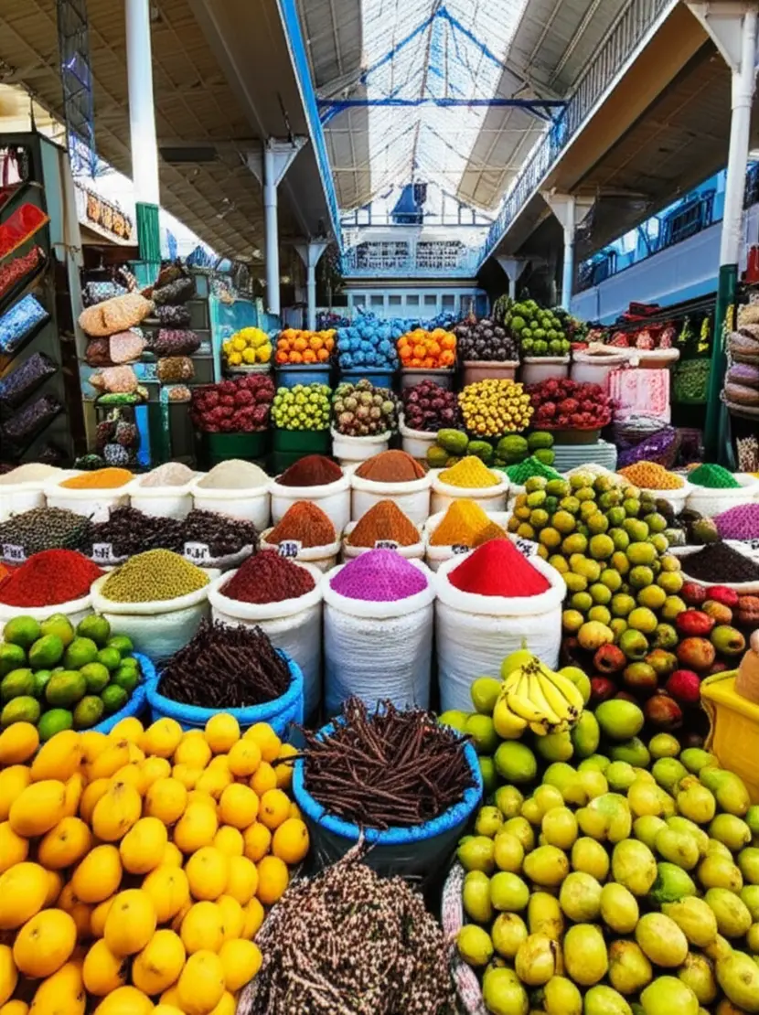 Bancas coloridas de especiarias e frutas tropicais no Mercado Central de Port Louis.