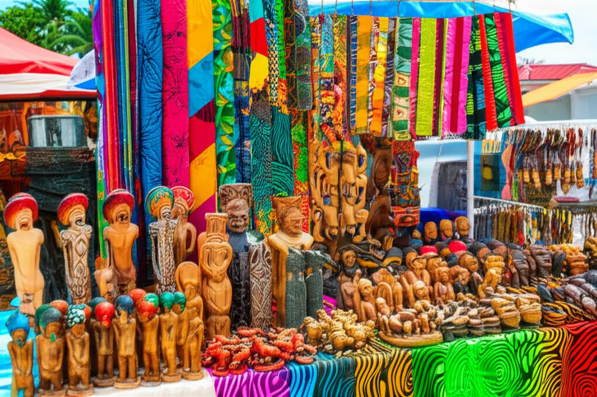Interação amigável em um mercado de artesanato local em Montego Bay.