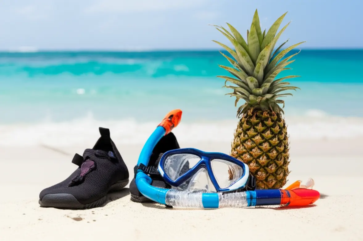 Equipamentos de mergulho e sapatilhas de água sobre a areia branca.