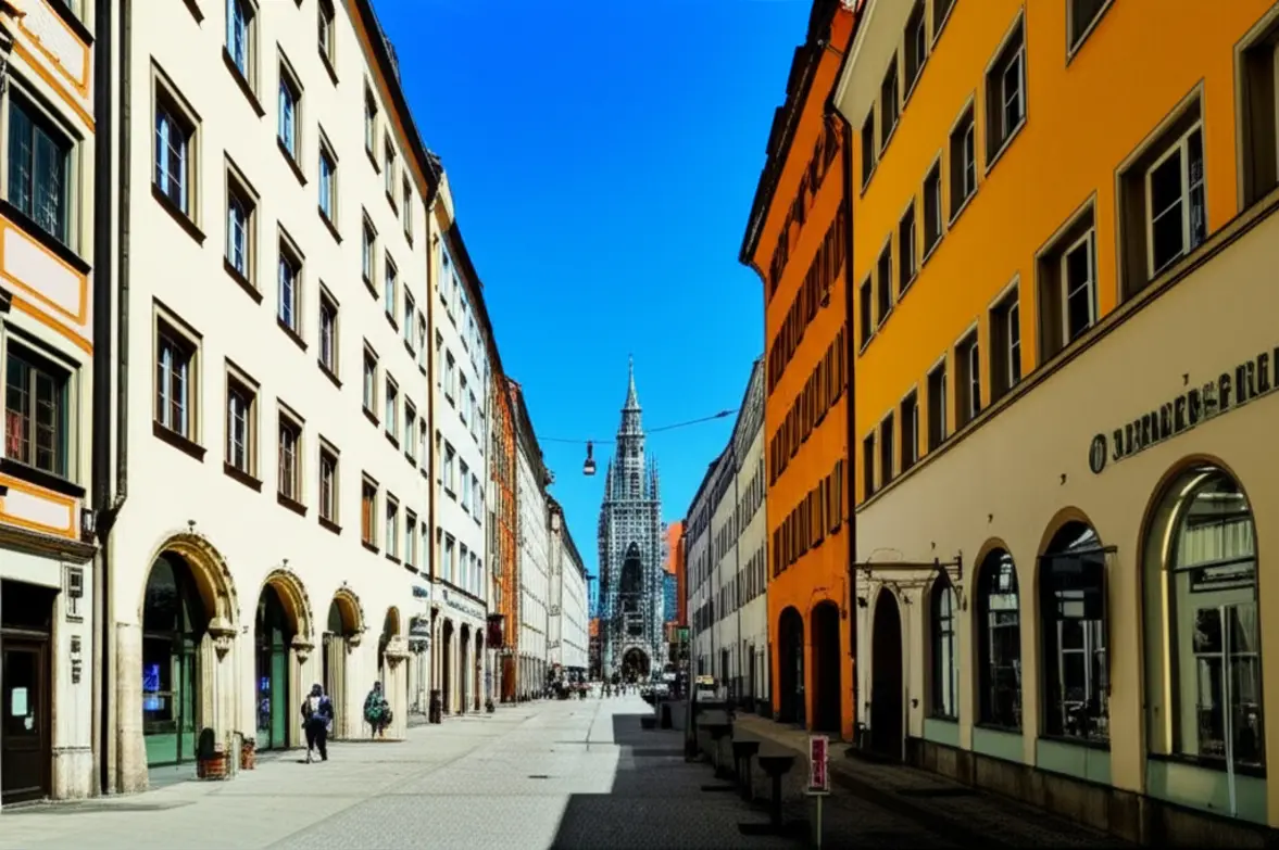 Rua limpa e organizada no centro de Munique com arquitetura clássica.
