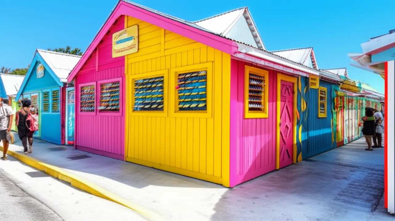 Fachadas coloridas de quiosques de comida em Arawak Cay, Nassau.