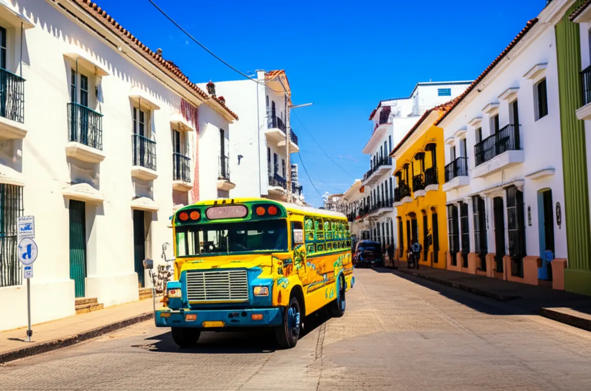 Ônibus colorido local circulando pelas ruas de Santa Marta.