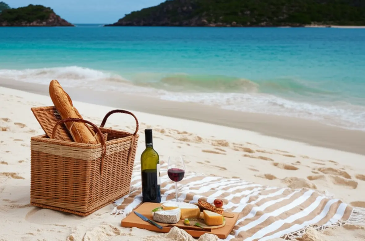 Piquenique chique na areia da praia de Saline em St. Barth.
