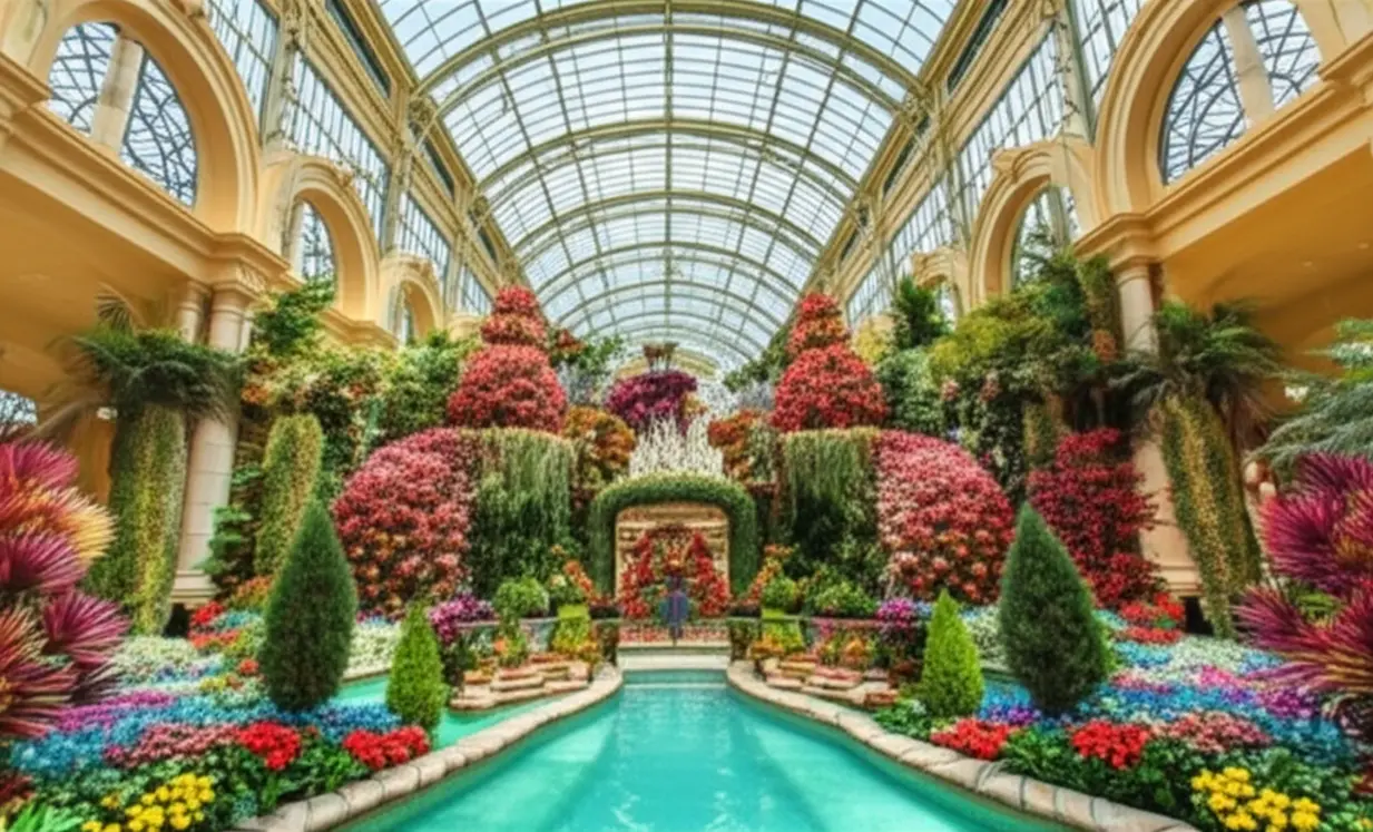 Exposição floral detalhada e colorida no conservatório do hotel Bellagio.