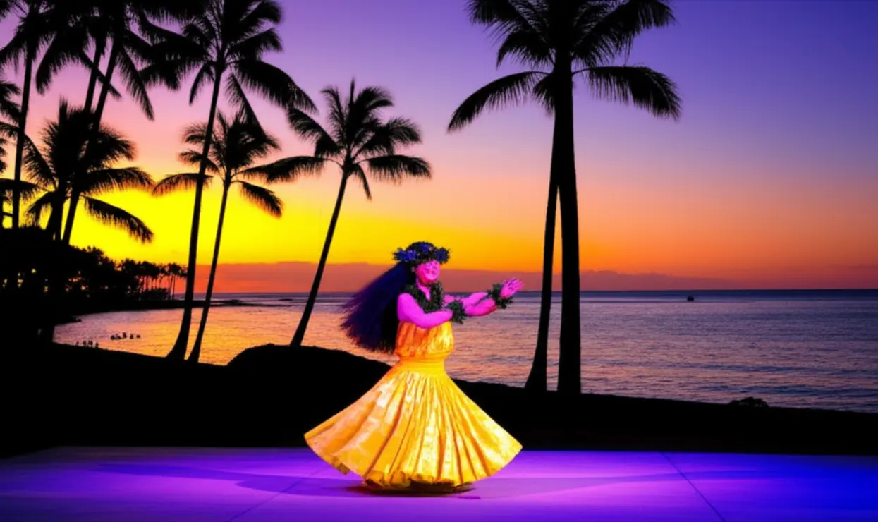 Dançarina de hula tradicional se apresentando ao pôr do sol em uma praia de Honolulu.