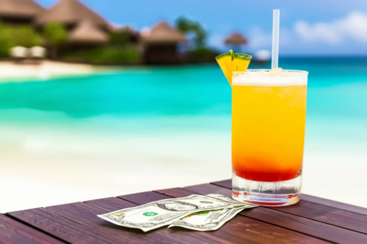 Coquetel tropical e notas de dólar em uma mesa de praia.