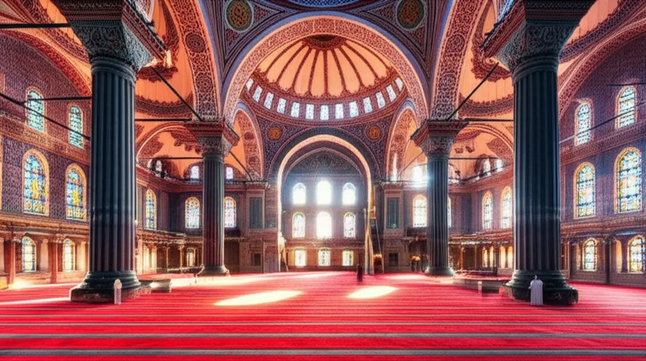 Interior detalhado de uma mesquita em Istambul com luz natural iluminando os tapetes e a caligrafia islâmica.