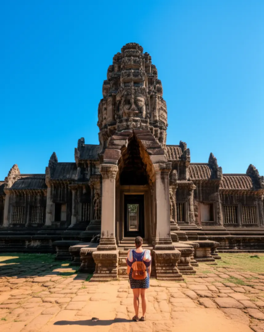 Turista vestida adequadamente com ombros cobertos admirando um templo em Angkor.