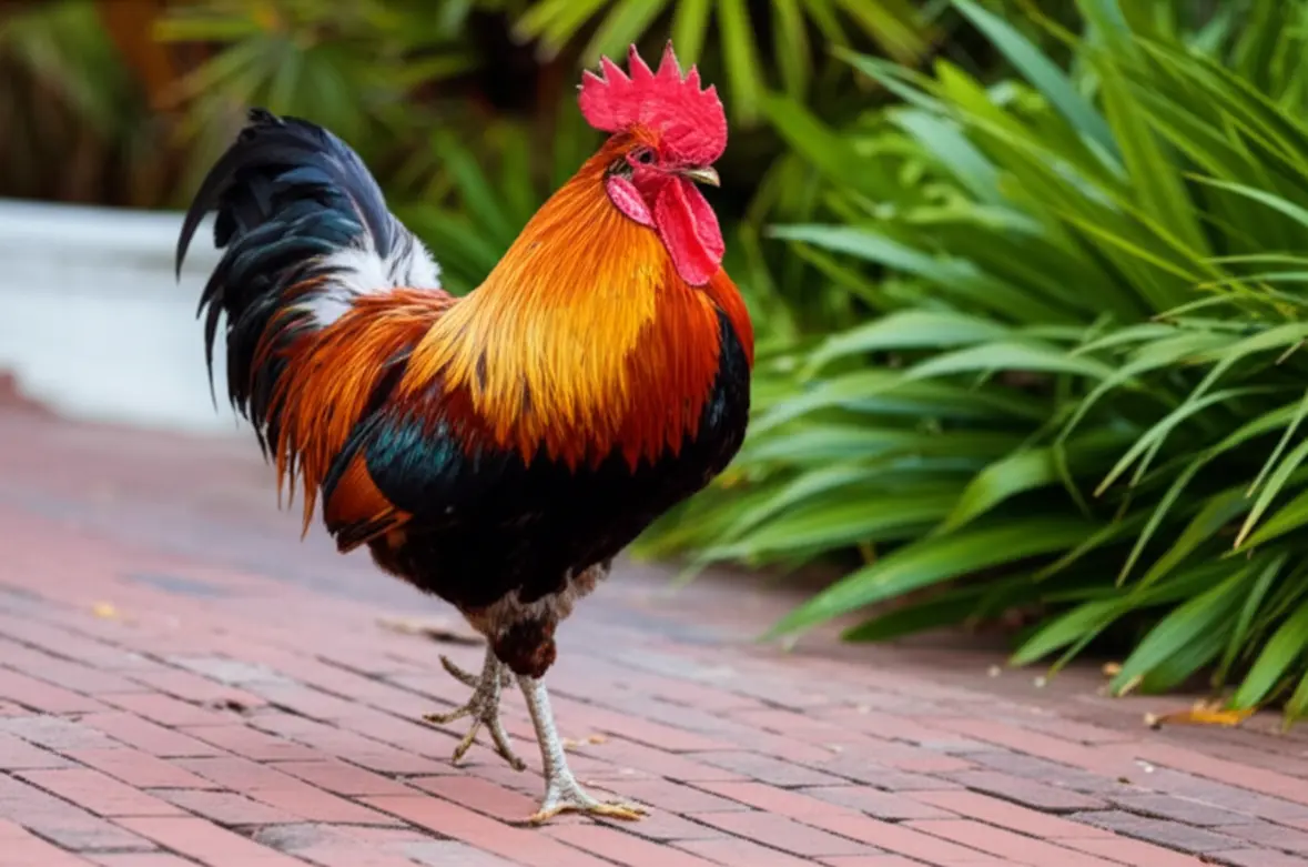 Galo colorido conhecido como Gypsy Chicken caminhando em calçada de Key West.