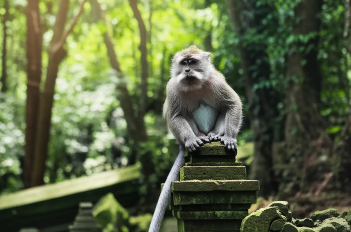 Macaco balinês sentado em uma estátua de pedra na Monkey Forest.