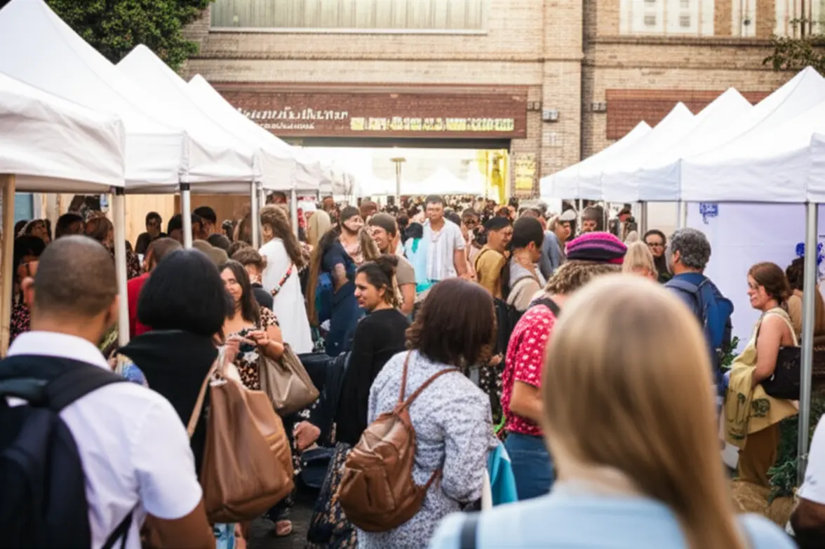 Um mercado de rua movimentado e vibrante em Joanesburgo com pessoas e artesanato.