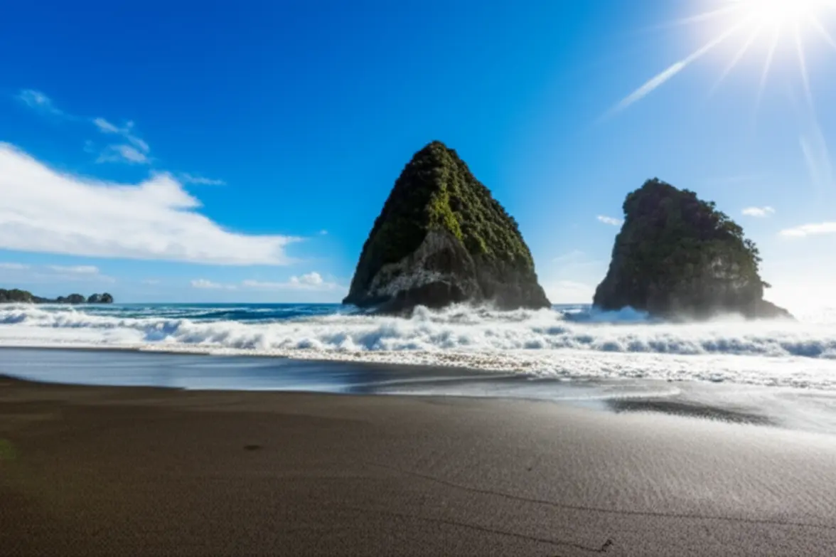 Vista panorâmica da Praia de Piha com sua famosa areia preta e a Lion Rock.