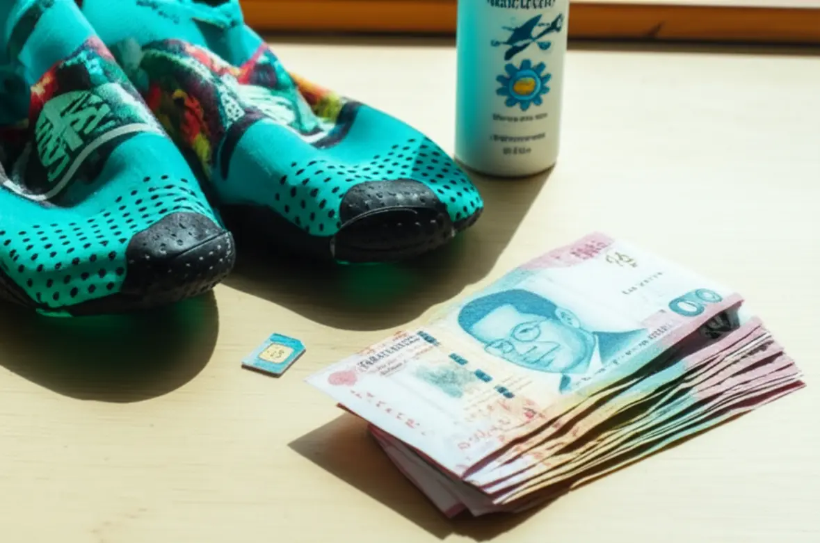 Kit de viagem com sapatilhas de água, dinheiro em pesos filipinos e protetor solar.