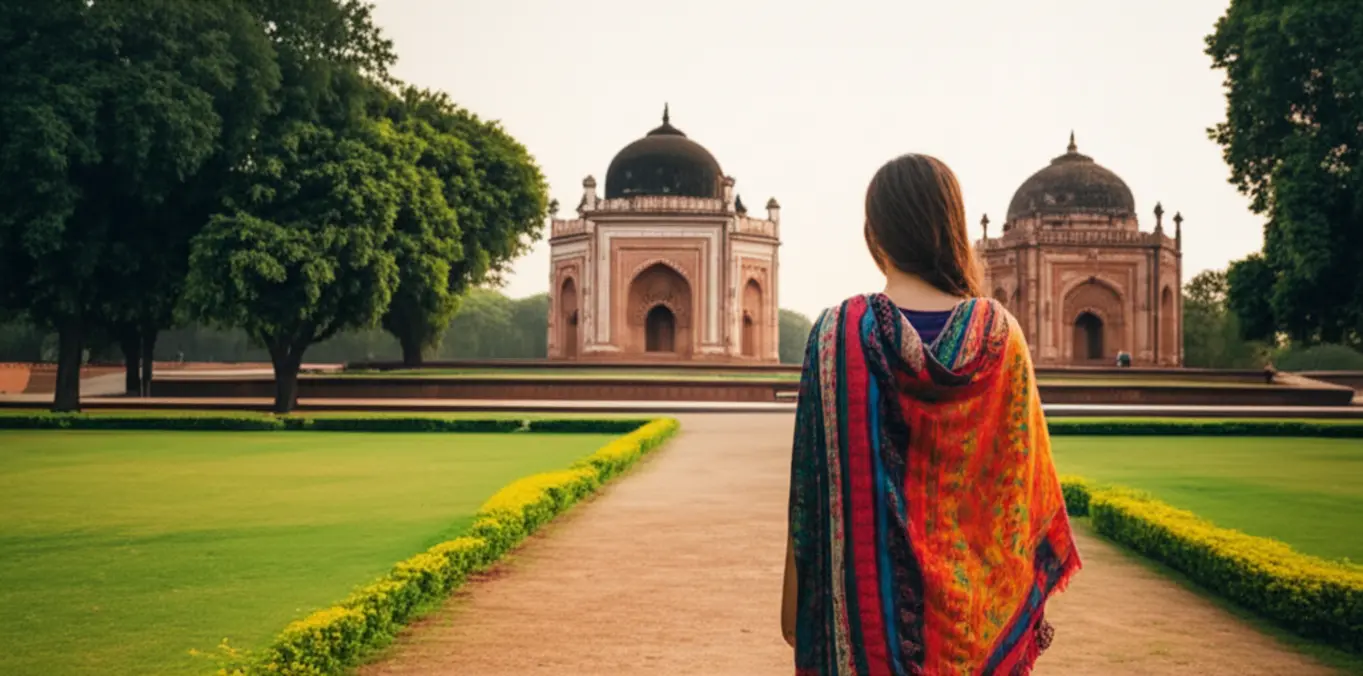 Turista caminhando pelos serenos jardins de Lodhi em Nova Déli.