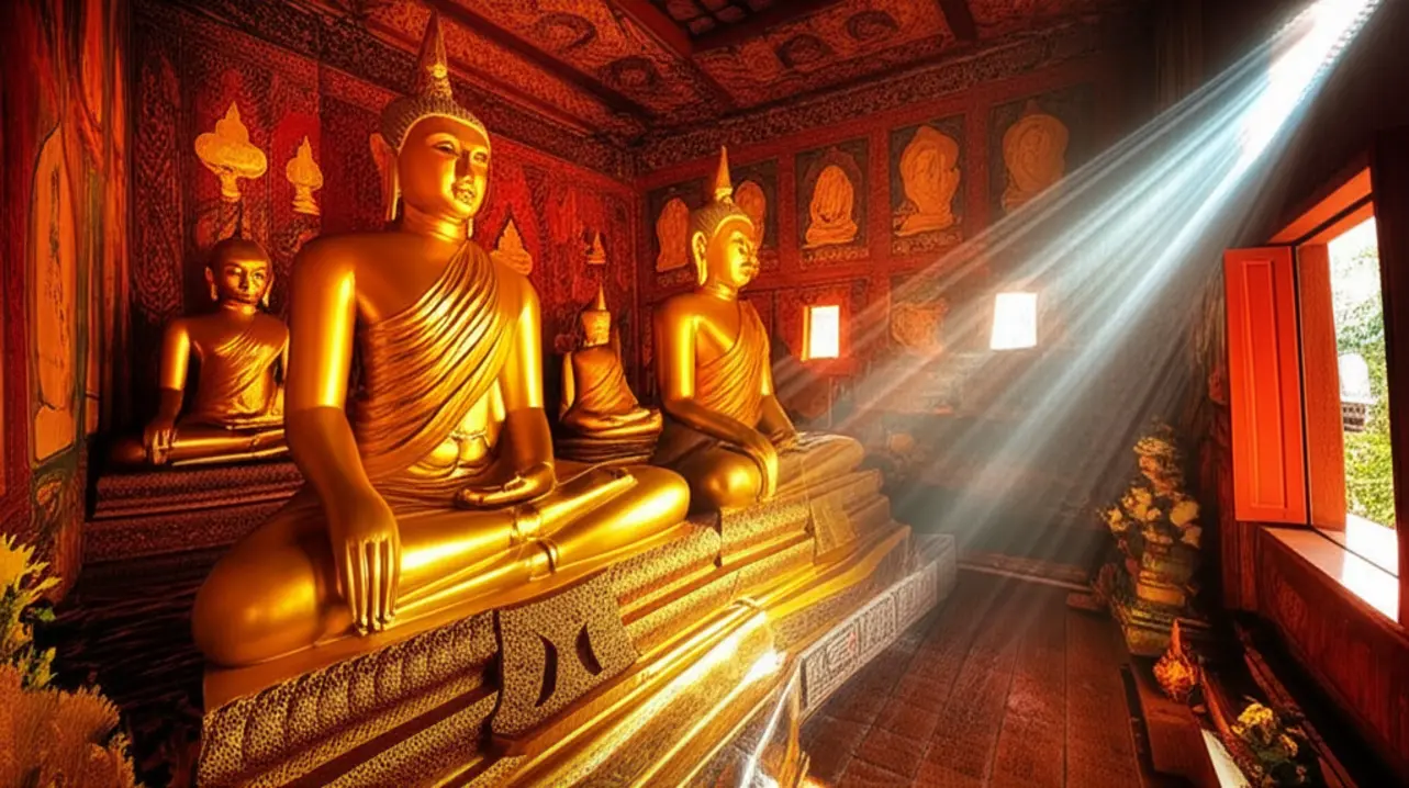 Interior de um templo budista em Luang Prabang com estátuas de Buda douradas.