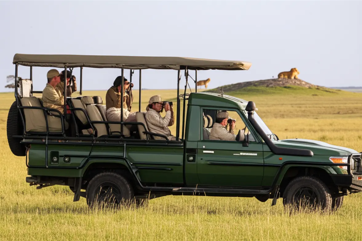 Viajantes em um jipe de safari usando roupas em tons de cáqui e bege.