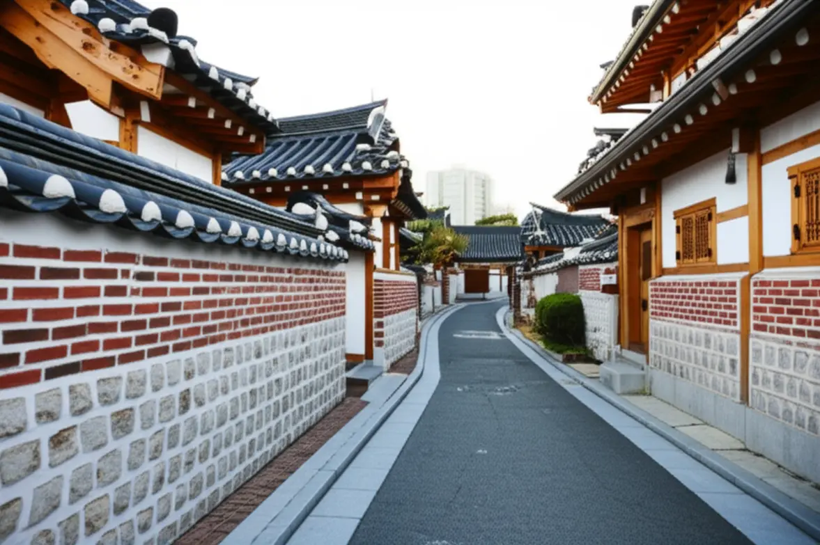 Rua tranquila e segura da vila tradicional Bukchon Hanok em Seul.