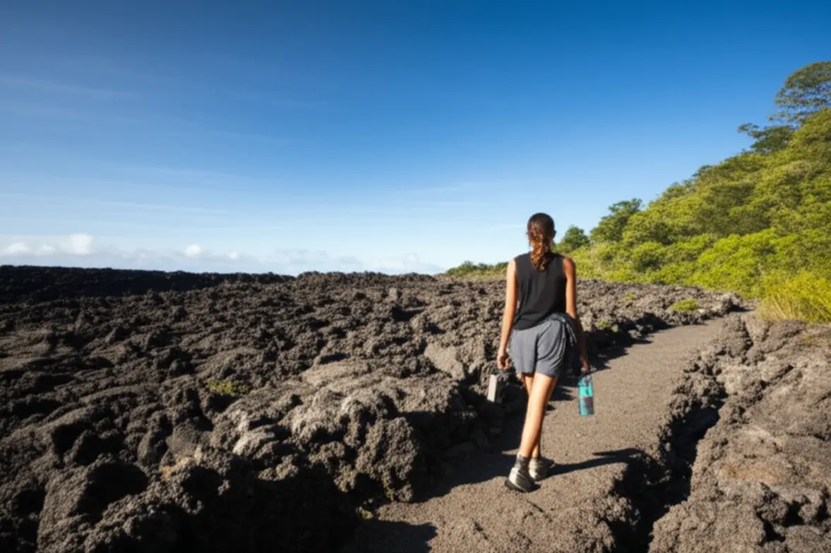 Viajante com garrafa reutilizável caminhando em uma trilha segura de pedras vulcânicas com o Vulcão Arenal ao fundo.