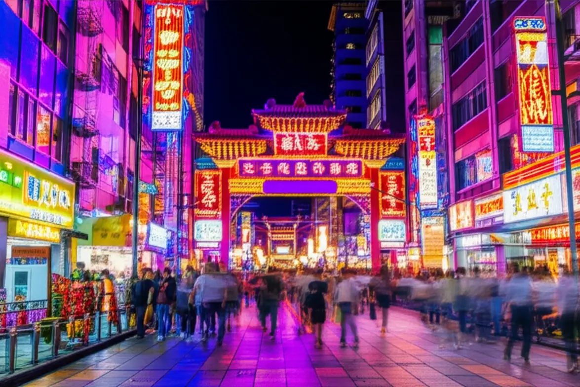 Rua iluminada por neons no bairro de Ximending em Taipé à noite.