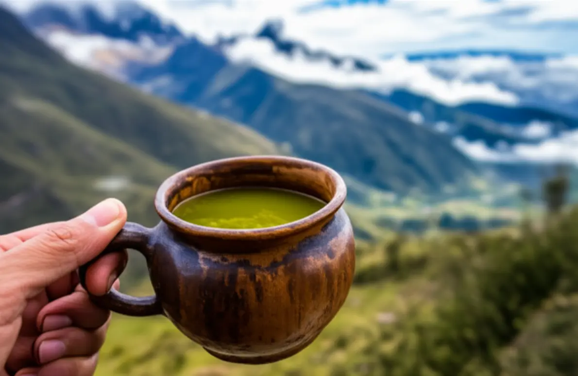 Uma caneca de chá de coca com vista para as montanhas andinas de Salta.