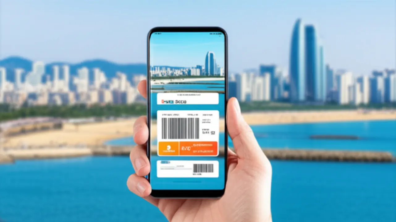 Mão segurando um smartphone com o Visit Busan Pass em frente à paisagem urbana da cidade.