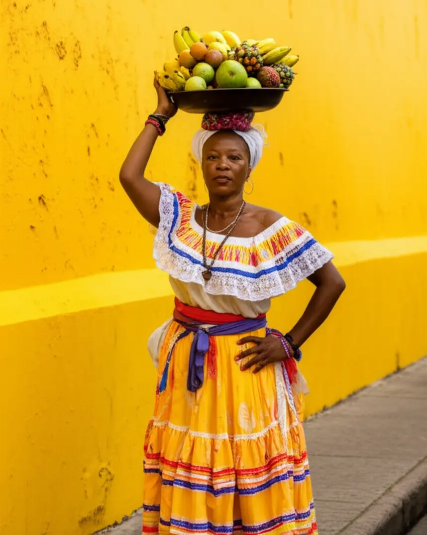 Mulher Palenquera com vestes coloridas e cesta de frutas tropicais em frente a uma parede amarela colonial.