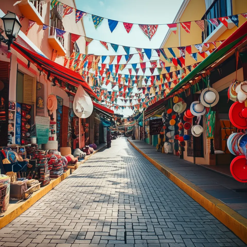 Rua colorida e vibrante em Playa del Carmen com artesanato local.