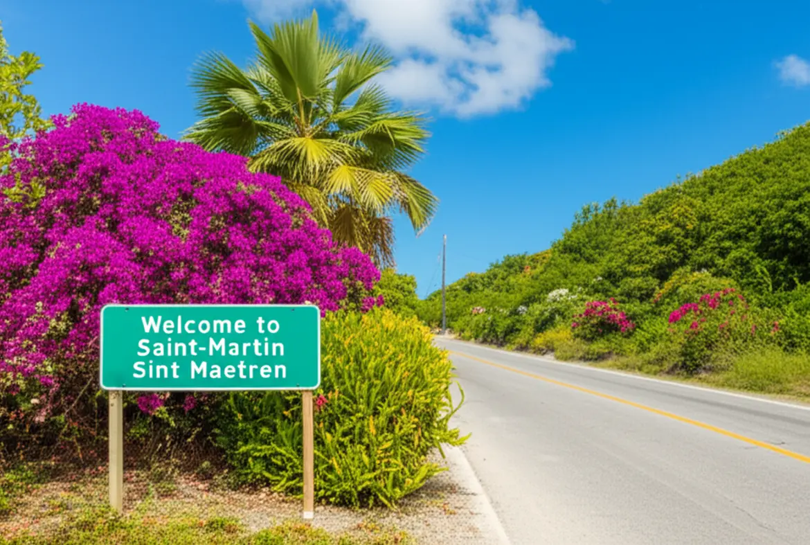 Placa indicando a transição entre o lado francês e o lado holandês em uma estrada tropical de Saint Martin.