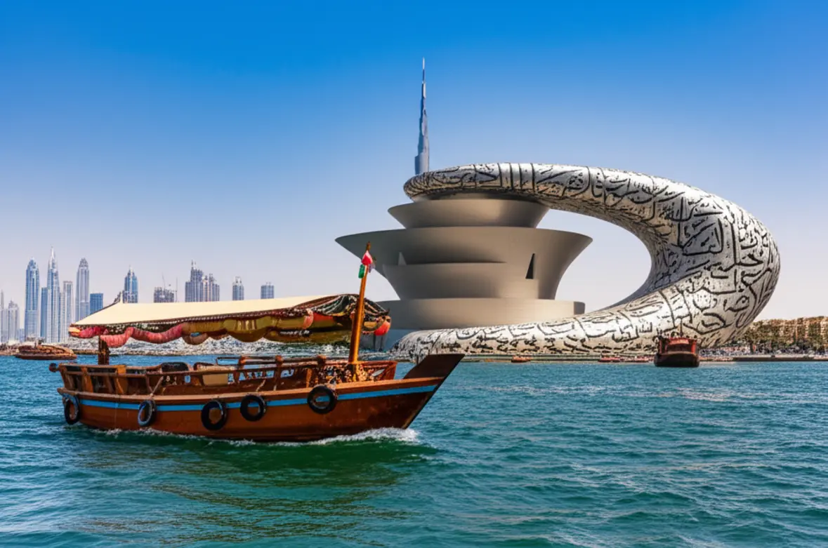 Barco tradicional Abra no Creek de Dubai com prédios modernos ao fundo.
