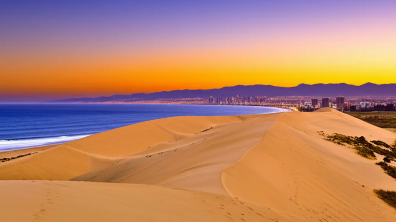 Pôr do sol sobre as Dunas de Concón com vista para o mar chileno.