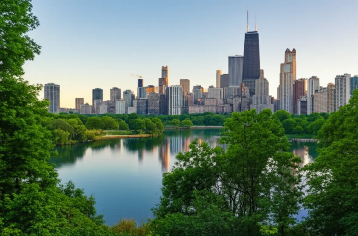 Vista do Lincoln Park com árvores verdes e o skyline de Chicago ao fundo.
