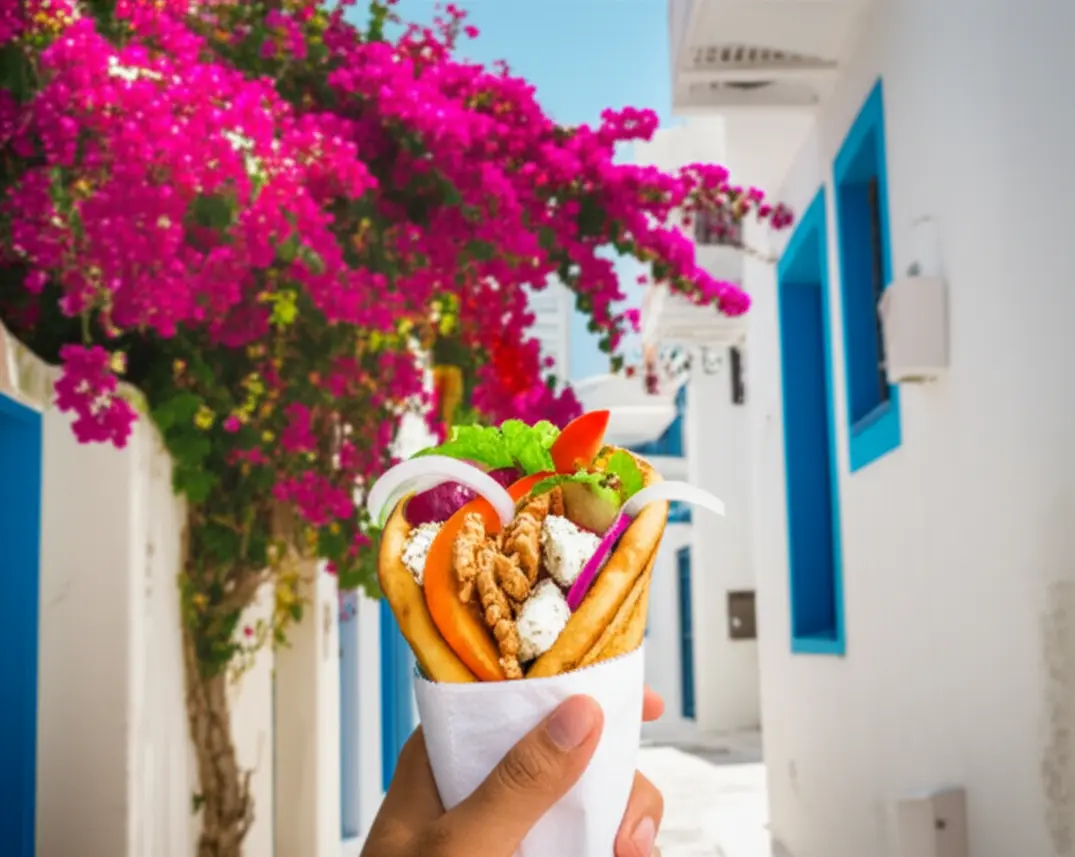 Mão segurando um Gyros grego em uma rua típica de casas brancas em Santorini.