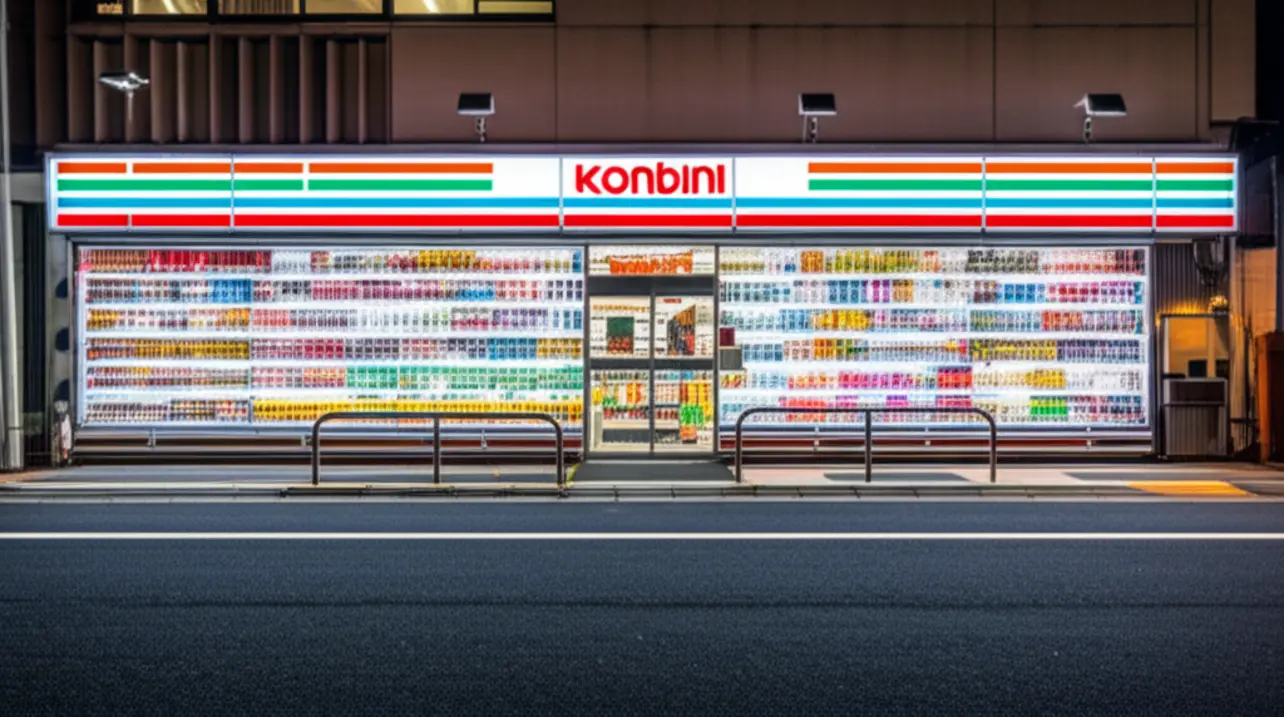 Fachada iluminada de uma loja de conveniência Konbini em uma rua limpa de Tóquio à noite.