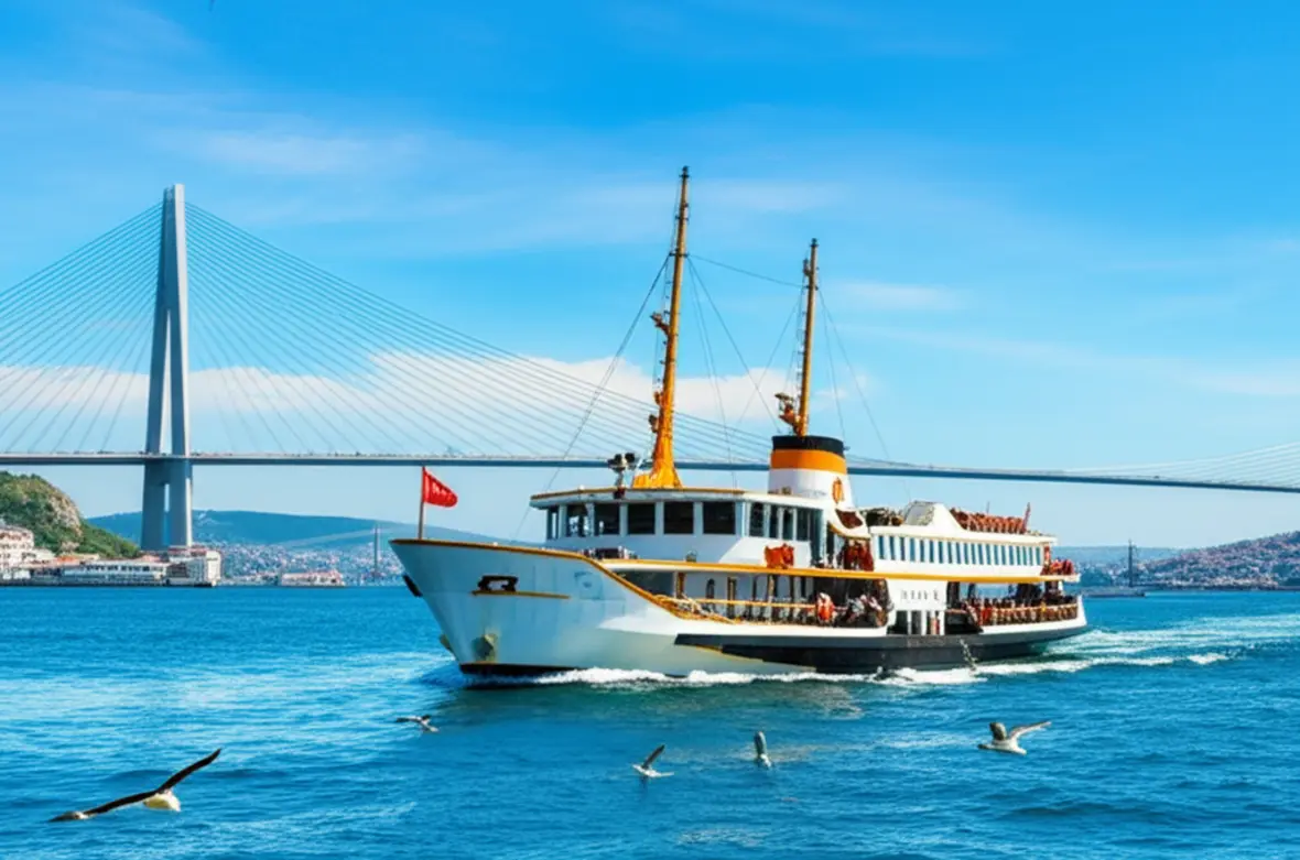 Balsa turca navegando no Estreito do Bósforo com a Ponte do Bósforo ao fundo sob céu azul.