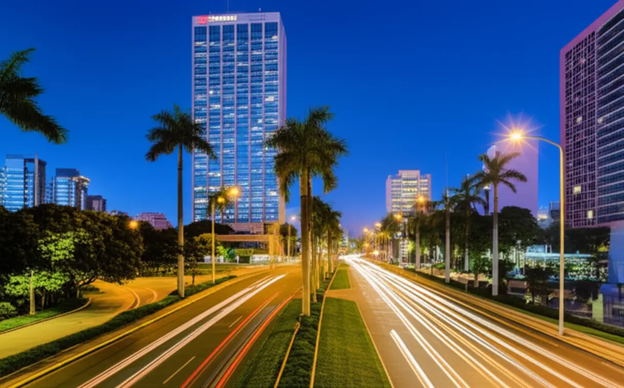 Vista noturna moderna do bairro Equipetrol em Santa Cruz de la Sierra com prédios iluminados.