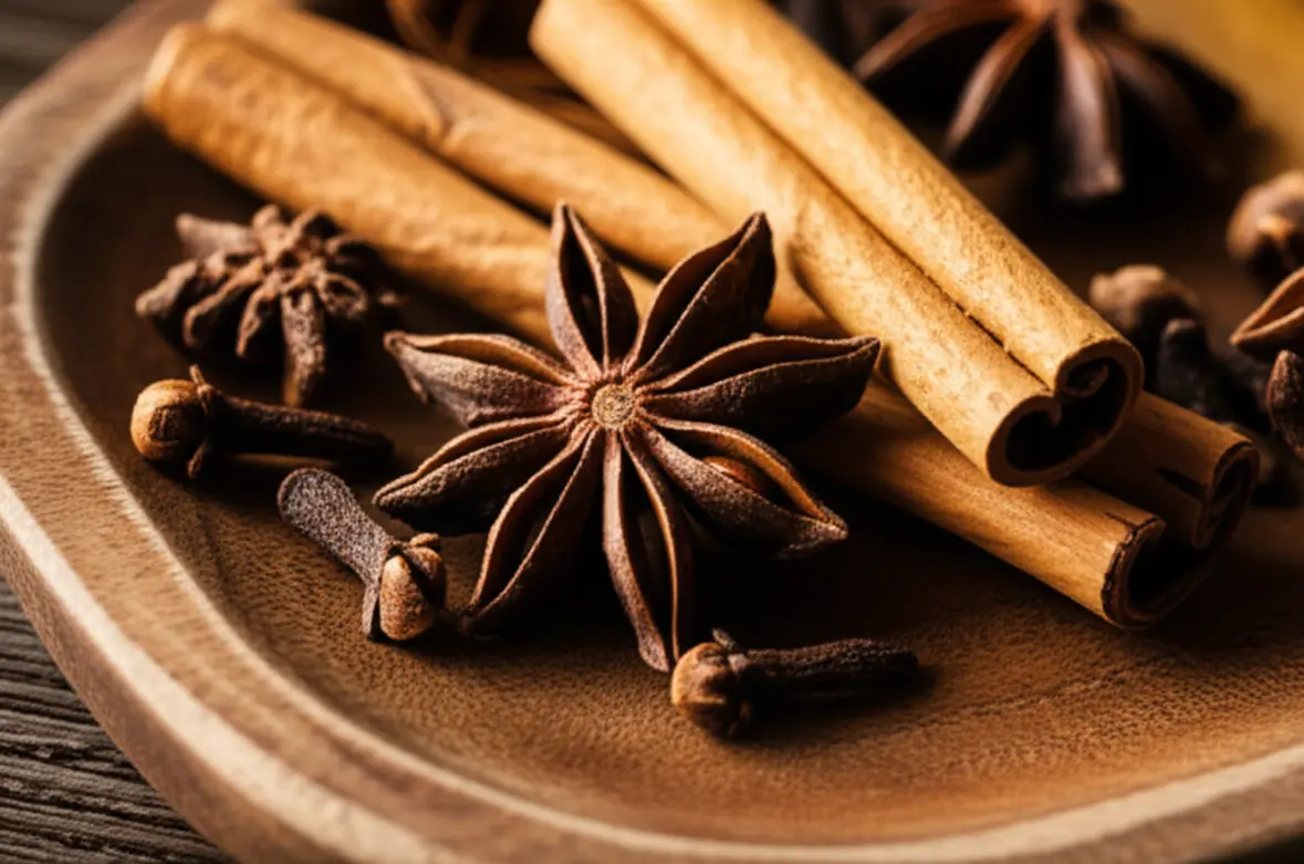 Close-up detalhado de especiarias frescas de Zanzibar como cravo e canela.