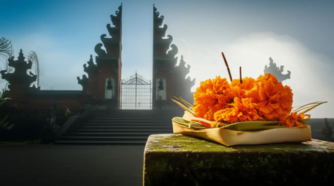 Oferenda tradicional balinesa Canang Sari em um templo de pedra.